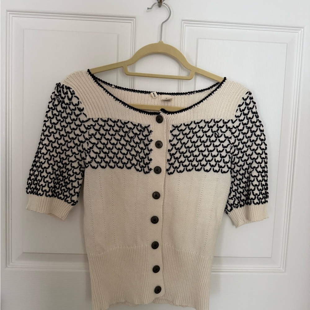 Moth by Anthropologie Cream/Black Short-Sleeve Knit Cardigan Snaps Size Small